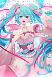 Rule 34 | 1girl, 2023, :d, bare shoulders, blue hair, blush, character name, commentary, cowboy shot, dated, detached collar, detached sleeves, dot nose, dress, goodsmile racing, green eyes, hair between eyes, hand on own chest, happy birthday, hatsune miku, jihya, long hair, long sleeves, looking at viewer, obi, open hand, open mouth, pink dress, pink sleeves, racing miku (2019), sash, sidelocks, smile, solo, strapless, strapless dress, teeth, twintails, upper teeth only, very long hair, vocaloid, wide sleeves