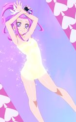 Rule 34 | 1girl, absurdres, armpits, arms up, breasts, closed mouth, collarbone, contrapposto, cure sword, dokidoki! precure, earrings, highres, holding, jewelry, kenzaki makoto, long hair, looking at viewer, pink hair, precure, purple background, purple eyes, shiny skin, small breasts, smile, solo, standing, toni (artist)