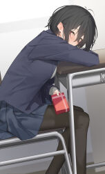 Rule 34 | 1girl, absurdres, black hair, black jacket, black pantyhose, blazer, blue skirt, box, box of chocolates, chair, commentary request, desk, gift, giving, grey sweater, highres, holding, holding gift, jacket, long sleeves, looking at viewer, original, pallad, pantyhose, red eyes, school chair, school desk, school uniform, short hair, sitting, skirt, solo, sweater