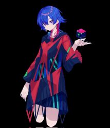 Rule 34 | 1girl, arm at side, black background, black coat, blue dress, blue eyes, blue hair, blue nails, chinese commentary, clothing cutout, coat, colored inner hair, commentary request, corrupted twitter file, cropped legs, cube, diamond earrings, dress, earrings, hair over shoulder, hand up, highres, hood, hood down, hooded coat, jewelry, kamitsubaki studio, long hair, looking at viewer, multicolored coat, multicolored eyes, multicolored hair, object floating above hand, orange pupils, red coat, red eyes, red hair, rim (kamitsubaki studio), short dress, simple background, solo, two-tone coat, virtual youtuber, w-mishka, wolf cut