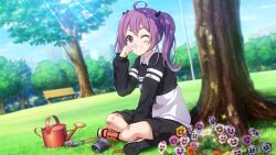 Rule 34 | 1girl, 22/7, 22/7 ongaku no jikan, ahoge, bench, between legs, black ribbon, black shorts, blurry, clenched teeth, daisy, depth of field, fang, finger to own nose, flower, game cg, hair ornament, hair ribbon, hand between legs, highres, indian style, long sleeves, looking at viewer, non-web source, official art, on grass, one eye closed, outdoors, pansy, park, park bench, purple eyes, purple hair, ribbon, shoes, shorts, sitting, smile, sneakers, solo, sunlight, teeth, tojo yuki, tree, trowel, twintails, two-tone shirt, watering can
