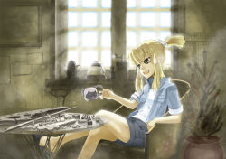 Rule 34 | 1girl, ai arctic warfare, artist request, bad id, bad pixiv id, blonde hair, bolt action, chair, crossed legs, cup, disassembly, female focus, green eyes, gun, indoors, iris (material sniper), mall-chan, material sniper, mug, open mouth, plant, ponytail, popped collar, rifle, shorts, sitting, sleeves rolled up, slippers, sniper rifle, solo, sunlight, sweatdrop, thighs, weapon