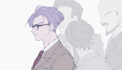 Rule 34 | 1girl, 3boys, bad id, bad pixiv id, beard, blue eyes, dragon ball, expressionless, faceless, faceless male, facial hair, facing away, formal, glasses, grey background, male focus, multiple boys, mustache, necktie, no eyes, onkywi, profile, purple hair, serious, shirt, short hair, simple background, solo focus, standing, trunks (dragon ball), turban, upper body, walking, white shirt
