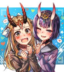 Rule 34 | 2girls, ;d, alternate costume, arm around shoulder, bad id, bad pixiv id, blonde hair, blush, cardigan, casual, clenched hands, contemporary, embarrassed, fangs, fate/grand order, fate (series), gem, hand on another&#039;s shoulder, head tilt, heart, horns, ibaraki douji (fate), index finger raised, long hair, long sleeves, looking at viewer, moze, multiple girls, neckerchief, oekaki, one eye closed, open cardigan, open clothes, open mouth, purple hair, school uniform, serafuku, short hair, shuten douji (fate), skin-covered horns, smile, spoken blush, spoken heart, star (symbol), sweat, thick eyebrows, upper body, viewfinder, wavy mouth