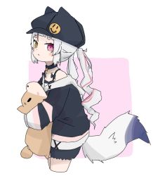 Rule 34 | 1girl, animal ear fluff, animal ears, animal hat, bare shoulders, bike shorts, blush, bow, cabbie hat, camisole, chii paws, choker, curly hair, fox girl, fox tail, hat, heterochromia, indie virtual youtuber, long hair, mole, mole under eye, multicolored hair, oversized clothes, shorts, solo, streaked hair, stuffed toy, tail, thick eyebrows, twintails, virtual youtuber, white camisole, white hair