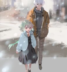 1boy 1girl absurdres black_dress blue_jacket blurry brown_jacket child day dress highres jacket kouka_(mrakano5456) long_hair original short_hair snow snowing white_hair