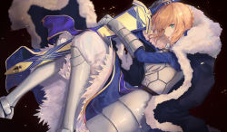 Rule 34 | 1girl, absurdres, armor, armored skirt, artoria pendragon (fate), blonde hair, braid, cape, excalibur (fate/stay night), fate/stay night, fate (series), french braid, from above, fur trim, gauntlets, greaves, green eyes, highres, pigone, saber (fate), solo, sword, weapon