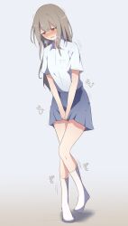 Rule 34 | 1girl, between legs, blue background, blue shirt, blue skirt, blush, breast pocket, breath, brown eyes, brown hair, collared shirt, embarrassed, female focus, flat chest, full body, half-closed eyes, hand between legs, have to pee, heavy breathing, highres, japanese text, knees together feet apart, legs, long hair, miniskirt, nose blush, open mouth, original, own hands together, pleated skirt, pocket, raised eyebrows, shirt, short sleeves, sidelocks, simple background, skirt, socks, solo, standing, thighs, translation request, trembling, v arms, watakarashi, white socks