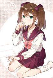 Rule 34 | 1girl, blush, bow, brown hair, character request, collarbone, copyright request, green eyes, hair between eyes, hair bow, hair ornament, hairclip, hand on leg, long sleeves, looking at viewer, male focus, neckerchief, pen, pleated skirt, red bow, red neckerchief, red sailor collar, red skirt, ribbon, sailor collar, school uniform, serafuku, shirako miso, shirt, simple background, sitting, skirt, smile, socks, solo, twintails, white shirt