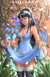 Rule 34 | 1girl, bad id, bad pixiv id, black hair, black thighhighs, blue eyes, blunt bangs, breasts, cleavage, clothes lift, dress, dress lift, flower, garter belt, garter straps, hair flower, hair ornament, hairband, hime cut, jewelry, kilart, lace, lace-trimmed legwear, lace trim, long hair, necklace, original, solo, thighhighs