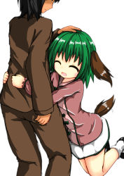 Rule 34 | 1boy, 1girl, :d, ^ ^, animal ears, bad id, bad pixiv id, black footwear, black hair, brown dress, brown pants, closed eyes, closed mouth, dog ears, dog tail, dress, green hair, head out of frame, headpat, holding person, hug, kasodani kyouko, long sleeves, nyt (nagane), open mouth, pants, short hair, simple background, skirt, smile, standing, tail, touhou, white background, white legwear, white skirt