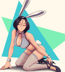 Rule 34 | 1girl, absurdres, animal ears, bare shoulders, bikini, black footwear, black hair, blue background, breasts, cleavage, cleavage cutout, clothing cutout, collar, collarbone, commentary, english commentary, frown, green background, grey bikini, hairband, hand on floor, hand on own foot, high heels, highres, kneeling, large breasts, leaning forward, leotard, looking to the side, mole, mole on breast, navel, original, playboy bunny, rabbit ears, rabbit tail, raichiyo33, see-through thighhighs, short hair, solo, swimsuit, tail, thighhighs, white background, white hairband, white thighhighs