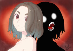 Rule 34 | 1girl, 2girls, artist name, back-to-back, bare shoulders, bob cut, breasts, brown hair, close-up, closed mouth, collarbone, commentary, completely nude, dark persona, dated, dual persona, eyelashes, from side, gaen tooe, glowing, glowing eyes, gradient background, gradient hair, green hair, hair over one eye, head tilt, huumoon, large breasts, light smile, looking at viewer, looking back, looking to the side, monogatari (series), multicolored hair, multiple girls, nude, one-hour drawing challenge, open mouth, owarimonogatari, parted bangs, portrait, rainy devil, red background, red eyes, see-through silhouette, sharp teeth, short hair, shouting, signature, smile, solo, spoilers, teeth, thick eyebrows, tongue, wavy hair, white eyes