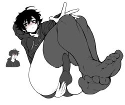 Rule 34 | 1boy, arm behind back, black hair, blush, bulge, doomer boy, doppel (bonnypir), erection, erection under clothes, expressionless, feet, foot focus, highres, looking at viewer, looking to the side, male focus, messy hair, penis, simple background, thick thighs, thighhighs, thighs, trap, tucked penis, white background, wojak, yaoi