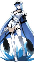 Rule 34 | 1girl, akame ga kill!, belt, black belt, black choker, black gloves, blue cape, blue eyes, blue hair, blush, body markings, boots, breasts, cape, choker, cleavage, closed mouth, contrapposto, cross, elbow gloves, esdeath, fingerless gloves, gloves, hair between eyes, halcon, hand on own hip, hat, highres, holding, holding sword, holding weapon, ice, iron cross, jacket, large breasts, light blue hair, light smile, long hair, looking at viewer, military, military hat, military uniform, peaked cap, rapier, simple background, smile, solo, straight hair, sword, thigh boots, thighhighs, thighs, uniform, weapon, white background, white footwear, white hat, white jacket, white thighhighs, zettai ryouiki