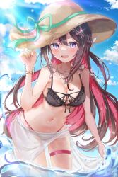 Rule 34 | 1girl, absurdres, azki (hololive), bare shoulders, bikini, black bikini, black hair, blush, bracelet, breasts, cleavage, colored inner hair, commentary request, from-moon, hair between eyes, hair ornament, hat, highleg, highleg bikini, highres, hololive, jewelry, long hair, looking at viewer, medium breasts, mismatched bikini, multicolored hair, navel, necklace, open mouth, outdoors, pink hair, purple eyes, smile, solo, straw hat, streaked hair, swimsuit, thigh strap, virtual youtuber, wet, white bikini