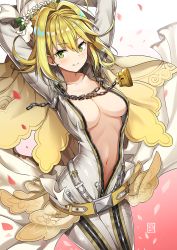 Rule 34 | &gt;:), 10s, 1girl, ahoge, arms up, belt, blonde hair, blush, bodysuit, breasts, catsuit, center opening, chain, closed mouth, collarbone, cowboy shot, fate/extra, fate/extra ccc, fate (series), flower, full-length zipper, green eyes, hair intakes, highres, hiroki (hirokiart), lock, looking at viewer, medium breasts, nero claudius (bride) (fate), nero claudius (fate), nero claudius (fate) (all), padlock, petals, smile, solo, v-shaped eyebrows, veil, white bodysuit, zipper
