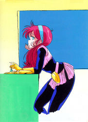 Rule 34 | 1980s (style), 1girl, belt, belt pouch, bent over, blue eyes, bodysuit, cell, cell art, head rest, cosmo pink shock, cosmos pink shock, fingernails, gloves, hairband, hayami mitsuko, hirano toshihiro, lipstick, long fingernails, long hair, looking back, makeup, retro artstyle, pink hair, pouch, production, profile, retro artstyle, skirt, solo, standing