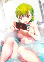 Rule 34 | 1girl, bathing, bathtub, breasts, completely nude, feet out of frame, green hair, handheld game console, highres, knees up, medium breasts, mikazuki akira!, navel, nintendo switch, nipples, nude, open mouth, original, partially submerged, playing games, purple eyes, short hair, sitting, solo, steam, water, wet