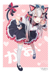 Rule 34 | 1girl, absurdres, alternate costume, animal ears, artist name, asymmetrical legwear, bell, black bow, black dress, black footwear, blue bow, blush, bow, breasts, cat ears, cat tail, claw pose, commentary, diagonal stripes, dress, fang, frilled dress, frills, full body, gradient hair, hair bell, hair bow, hair ornament, hand on own hip, highres, hololive, horn ornament, horn ribbon, horns, kemonomimi mode, kiba tori, long hair, looking at viewer, mary janes, medium breasts, multicolored hair, nail polish, nakiri ayame, open mouth, pink background, plaid, plaid bow, red bow, red eyes, red hair, red nails, ribbon, shoes, short sleeves, signature, silver hair, simple background, single thighhigh, skin-covered horns, smile, socks, solo, standing, streaked hair, striped, striped background, tail, tail bow, tail ornament, thighhighs, twitter username, two-tone background, two-tone bow, two-tone hair, uneven legwear, virtual youtuber, white background, white socks, wrist cuffs