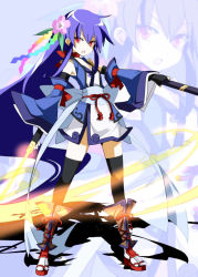 Rule 34 | 1girl, alternate costume, alternate headwear, bare shoulders, black thighhighs, blue hair, choker, detached sleeves, dress, flower, full body, glowing, glowing weapon, hair flower, hair ornament, hinanawi tenshi, japanese clothes, jpeg artifacts, long hair, long sleeves, looking at viewer, obi, open mouth, outstretched arm, red eyes, ribbon, ribbon choker, sandals, sash, shiki (gjmatpw), socks, solo, sword of hisou, thighhighs, touhou, weapon, white socks, wide sleeves, zettai ryouiki, zoom layer