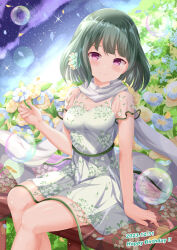 Rule 34 | 1girl, aihara tsubaki, blue flower, blush, breasts, brown flower, cleavage, closed mouth, cloud, commentary request, dated, dress, feet out of frame, flower, green hair, hand up, happy, highres, holding, holding flower, looking at viewer, medium breasts, ongeki, purple eyes, see-through, see-through sleeves, sitting, sky, smile, solo, star (sky), starry sky, white dress, xenon (for achieve)
