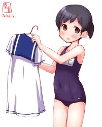 Rule 34 | 1girl, artist logo, black hair, blue one-piece swimsuit, brown eyes, unworn clothes, commentary request, cowboy shot, dated, dress, unworn dress, hiburi (kancolle), highres, holding, holding clothes, kanon (kurogane knights), kantai collection, one-piece swimsuit, ponytail, sailor dress, school swimsuit, short hair, short ponytail, short sleeves, simple background, solo, swimsuit, white background, white dress