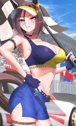 1girl air_groove_(umamusume) animal_ears belt black_choker blue_eyes blue_gloves breasts brown_belt car choker cleavage commentary_request commission fingerless_gloves flag gloves hand_on_own_hip highres holding holding_flag horse_ears horse_girl horse_tail large_breasts leg_belt looking_at_viewer midriff motor_vehicle navel race_queen skeb_commission solo tail take978733141 thighs umamusume visor_cap