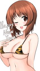 Rule 34 | 1girl, ;d, absurdres, aikir (jml5160), arm behind back, bikini, blush, breasts, brown eyes, brown hair, chinese zodiac, cleavage, commentary, english commentary, english text, girls und panzer, halterneck, hand on own chest, happy new year, highres, looking at viewer, mixed-language commentary, navel, new year, nishizumi miho, one eye closed, open mouth, orange bikini, print bikini, short hair, simple background, smile, solo, swimsuit, tiger stripes, upper body, white background, year of the tiger