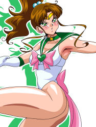 Rule 34 | 1girl, armpits, ass, bare shoulders, bishoujo senshi sailor moon, blush, bow, breasts, brown hair, choker, cleavage, collarbone, earrings, flower earrings, gloves, green eyes, hair bobbles, hair ornament, heart, highres, inabakun00, jewelry, kino makoto, leotard, long hair, medium breasts, open mouth, pink bow, ponytail, sailor jupiter, standing, standing on one leg, star (symbol), star choker, thong leotard, tiara, waist bow, white background, white gloves, white leotard