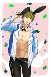 Rule 34 | 10s, 1boy, animal ears, black jammers, black male swimwear, brown hair, detached collar, detached sleeves, free!, green eyes, highres, jacket, jammers, male focus, male swimwear, muscular, open clothes, open jacket, open mouth, rabbit ears, short hair, smile, standing, swimsuit, tachibana makoto, topless male
