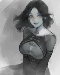 Rule 34 | 1girl, armor, black hair, blue eyes, breasts, bursting breasts, chainmail, cleavage, colored skin, cross, detached collar, detached sleeves, forehead, grey skin, large breasts, lichy (nat the lich), lips, long hair, looking at viewer, nat the lich, original, parted lips, sketch, smile, solo, v arms