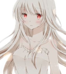 Rule 34 | 1girl, albino, backlighting, bare shoulders, breasts, collarbone, commentary, dress, female focus, hiro (hirohiro31), large breasts, long hair, looking at viewer, original, red eyes, simple background, solo, strapless, strapless dress, upper body, very long hair, white dress, white hair