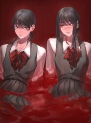 Rule 34 | 2girls, black hair, blood, chainsaw man, cross scar, dress, facial scar, fourth east high school uniform, highres, long hair, looking at another, low twintails, mitaka asa, multiple girls, neck ribbon, partially submerged, pinafore dress, pool of blood, red background, red eyes, red ribbon, red theme, ribbon, ringed eyes, scar, scar on cheek, scar on face, school uniform, sleeveless, sleeveless dress, smile, sweat, twintails, yode, yoru (chainsaw man)
