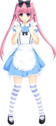 Rule 34 | 1girl, absurdres, alice (alice in wonderland), alice (alice in wonderland) (cosplay), alice in wonderland, apron, black bow, blue dress, bow, cosplay, dress, frills, full body, hair ornament, highres, iizuki tasuku, looking at viewer, lovely x cation 2, mary janes, nirasaki hinata, pink hair, purple eyes, shoes, solo, striped clothes, striped thighhighs, thighhighs, transparent background, twintails, zettai ryouiki