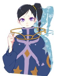 Rule 34 | 1boy, 4lily, black hair, child, closed mouth, hair ornament, highres, jay (tales), long hair, looking at viewer, male focus, purple eyes, side ponytail, solo, tales of (series), tales of legendia