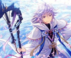 Rule 34 | 1boy, ahoge, bishounen, center frills, fate/grand order, fate (series), flower, flower knot, frills, hair between eyes, hair ornament, holding, holding staff, holding weapon, hood, hood down, hooded robe, long hair, long sleeves, looking at viewer, male focus, merlin (fate), multicolored hair, petals, pink ribbon, purple eyes, ribbon, robe, smile, solo, staff, tassel, turtleneck, two-tone hair, very long hair, water, weapon, white hair, white robe, yamigo