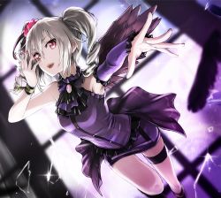 Rule 34 | 10s, 1girl, angel wings, armpits, bare shoulders, black wings, commentary request, detached sleeves, dress, drill hair, flower, gothic lolita, hair flower, hair ornament, hair ribbon, idolmaster, idolmaster cinderella girls, kanzaki ranko, lolita fashion, long hair, looking at viewer, open mouth, purple dress, red eyes, ribbon, silver hair, sleeveless, sleeveless dress, smile, solo, tea (nakenashi), thigh strap, twin drills, twintails, wings