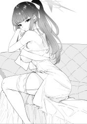 Rule 34 | 1girl, blue archive, breasts, cheek rest, closed mouth, couch, dress, elbow gloves, from side, garter straps, gloves, greyscale, high ponytail, highres, large breasts, long hair, looking at viewer, looking to the side, marurumaru00, monochrome, saori (blue archive), saori (dress) (blue archive), sitting, solo, strapless, strapless dress, thighhighs