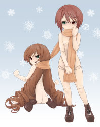 Rule 34 | 00s, 2girls, ass, bandaid, doll joints, drill hair, flat chest, heterochromia, joints, kumashiro, long hair, looking at viewer, looking back, multiple girls, musical note, naked scarf, nude, rozen maiden, scarf, shared clothes, shared scarf, short hair, siblings, sisters, snow, souseiseki, suiseiseki, twins, very long hair