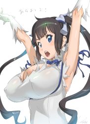 Rule 34 | 1girl, armpits, arms up, black hair, blue eyes, blue ribbon, breasts, cleavage cutout, clothing cutout, commentary request, dress, dungeon ni deai wo motomeru no wa machigatteiru darou ka, covered erect nipples, gloves, hestia (danmachi), highres, huge breasts, kotoyoshi yumisuke, long hair, looking at viewer, open mouth, rei no himo, ribbon, simple background, solo, twintails, upper body, white background, white dress, white gloves