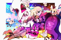 Rule 34 | 1boy, ahoge, blonde hair, blush, bu2me2, commentary request, creatures (company), cutiefly, flower, game freak, gen 7 pokemon, gladion (pokemon), green eyes, hair over one eye, holding, holding flower, legendary pokemon, long sleeves, nintendo, open mouth, orange flower, pants, pokemon, pokemon (creature), pokemon sm, ribombee, shoes, silvally, sparkle, tongue
