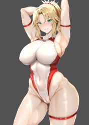 Rule 34 | 1girl, absurdres, alternate breast size, alternate costume, arm strap, armpits, arms up, black background, blonde hair, braid, breasts, cameltoe, cleft of venus, commentary request, competition swimsuit, covered navel, curvy, fate/apocrypha, fate/grand order, fate (series), green eyes, groin, highleg, highleg swimsuit, highres, large breasts, long hair, looking at viewer, mordred (fate), mordred (fate/apocrypha), one-piece swimsuit, parted lips, ponytail, ranhatu, red one-piece swimsuit, simple background, smile, solo, swimsuit, thigh strap, thighs, two-tone swimsuit, white one-piece swimsuit