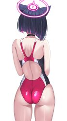 1girl alternate_costume animal_ears ass back back_cutout black_choker black_hair blue_archive cat_ears choker clothing_cutout colored_inner_hair competition_swimsuit cowboy_shot facing_away from_behind halo hibika highres kazusa_(blue_archive) multicolored_hair one-piece_swimsuit pink_hair pink_halo short_hair simple_background solo standing swimsuit two-tone_hair white_background