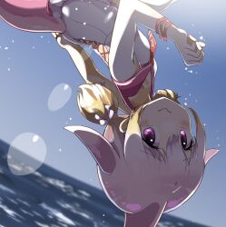 Rule 34 | 1girl, absurdres, bare shoulders, blonde hair, blush, cetacean tail, chinese white dolphin (kemono friends), commentary request, dolphin girl, dorsal fin, dress, fins, fish tail, hair tie, highres, iwa (iwafish), japari symbol, kemono friends, midair, multicolored hair, necktie, ocean, orange hair, pink eyes, pink hair, red necktie, sailor collar, sailor dress, short twintails, sleeveless, solo, tail, twintails, upside-down, white dress