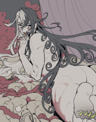 Rule 34 | 1boy, ashiya douman (fate), ass, asymmetrical hair, black eyes, black hair, blood, blood on face, completely nude, curly hair, eyeshadow, fate/grand order, fate (series), feet, finger to mouth, fingernails, foot out of frame, from behind, green eyeshadow, green lips, hair between eyes, hair intakes, leg up, lipstick, long hair, makeup, male focus, multicolored hair, nude, sharp fingernails, skull, solo, split-color hair, t (ttkxxx), toned, toned male, two-tone hair, very long fingernails, very long hair, white hair