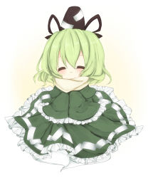 Rule 34 | 1girl, :3, a-iueo, aged down, blush, child, closed eyes, dress, female focus, ghost tail, green dress, green hair, hat, hat ribbon, highres, long sleeves, oversized clothes, ribbon, scarf, simple background, soga no tojiko, solo, touhou, white background, wide sleeves