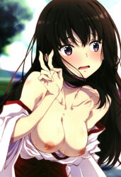 Rule 34 | 1girl, averting eyes, black hair, blush, breasts, breasts out, embarrassed, inoue takina, izumi mahiru, japanese clothes, large breasts, long hair, lycoris recoil, miko, nipples, no bra, open mouth, outdoors, purple eyes, solo, upper body, v