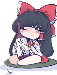 Rule 34 | 1girl, @ @, ascot, bare shoulders, black eyes, black hair, blush stickers, bottle, bow, chahan (fried rice0614), closed mouth, cushion, detached sleeves, hair bow, hair tubes, hakurei reimu, highres, holding, holding bottle, japanese clothes, long hair, nontraditional miko, one-hour drawing challenge, one eye closed, red bow, ribbon-trimmed sleeves, ribbon trim, ringed eyes, sidelocks, simple background, solo, touhou, white background, wide sleeves, yellow ascot, zabuton