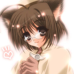 1girl acolyte_(ragnarok_online) ahoge animal_ears backlighting brown_eyes brown_hair cat_ears cat_girl closed_mouth glasses gloves grey-framed_eyewear hair_between_eyes hakoiri_nyanko hands_up hat heart huge_ahoge light_particles lowres ragnarok_online red_gloves short_hair simple_background smile solo upper_body white_background